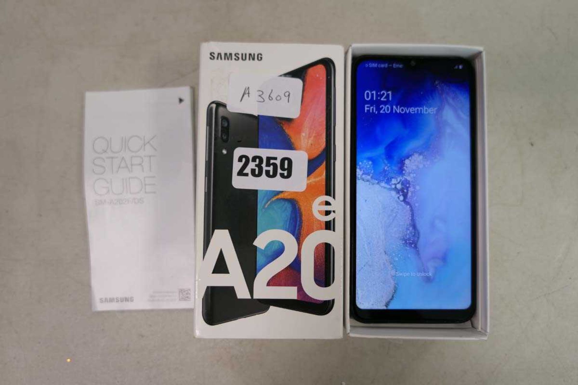 Samsung Galaxy A20e mobile with box
