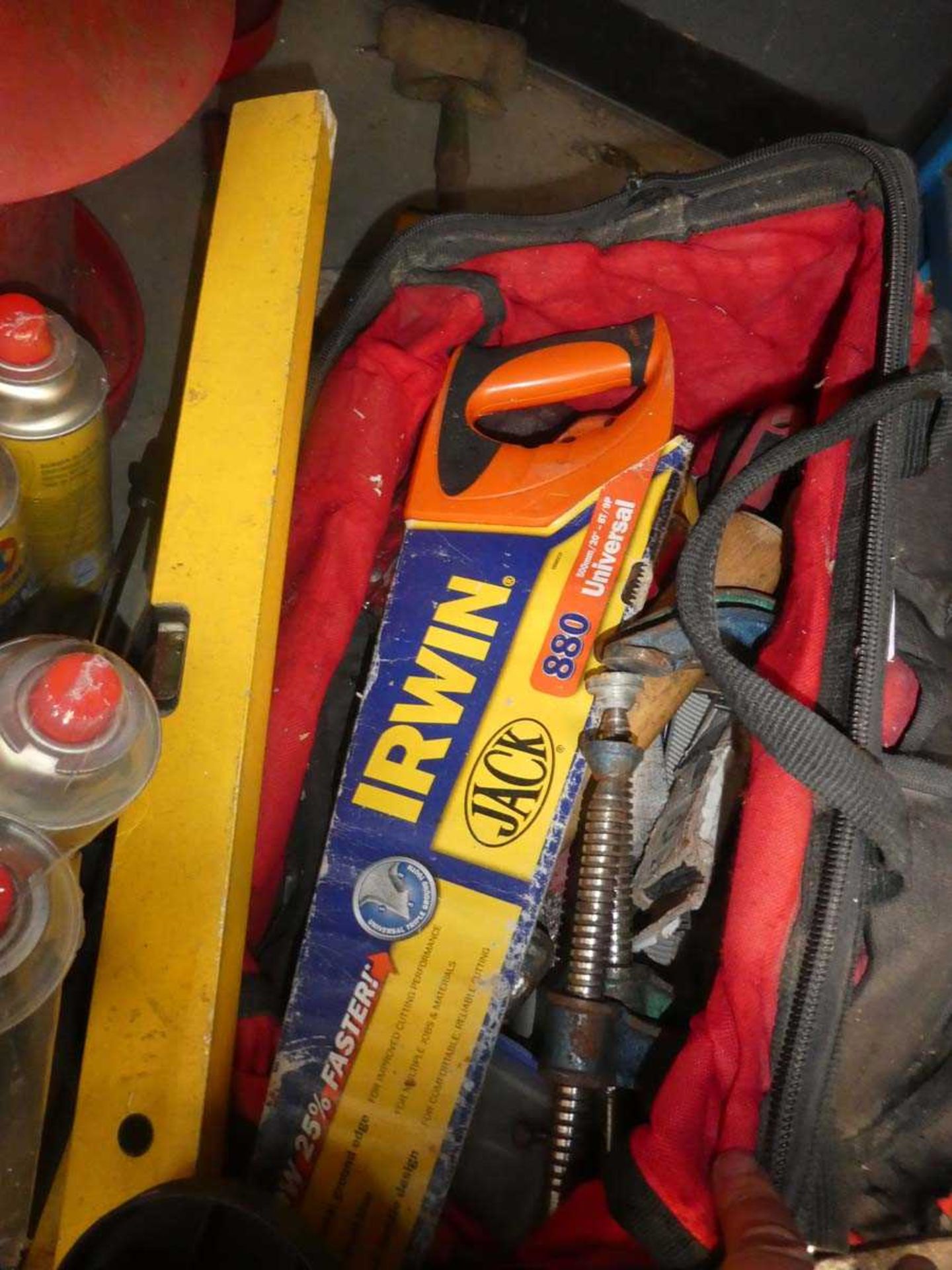 Small quantity of tools, inc. camping gas bottles, hose reel, spirit levels, fork, etc. - Image 2 of 2