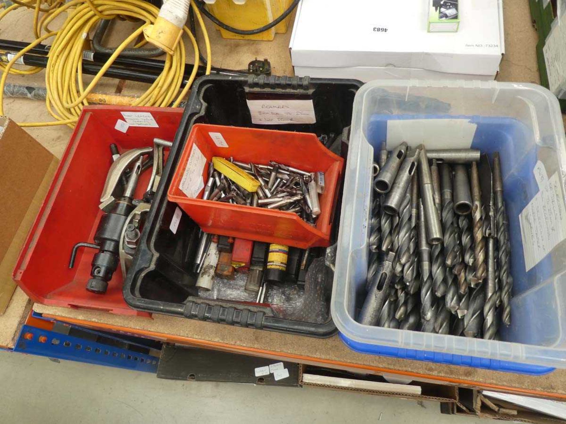 3 boxes containing milling table clamps, engineering Morse Taper drill bits, milling cutters and