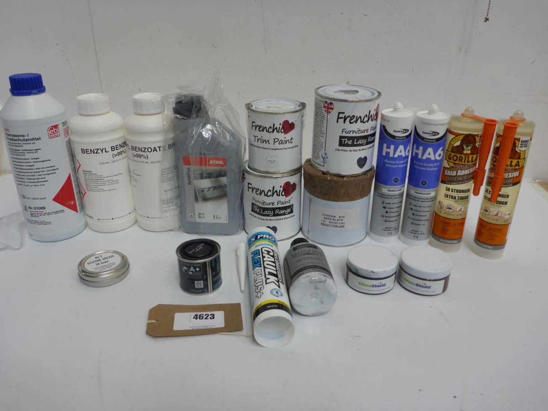 +VAT Stihl oil, furniture paints, silicone sealants, Adhesives, grease etc