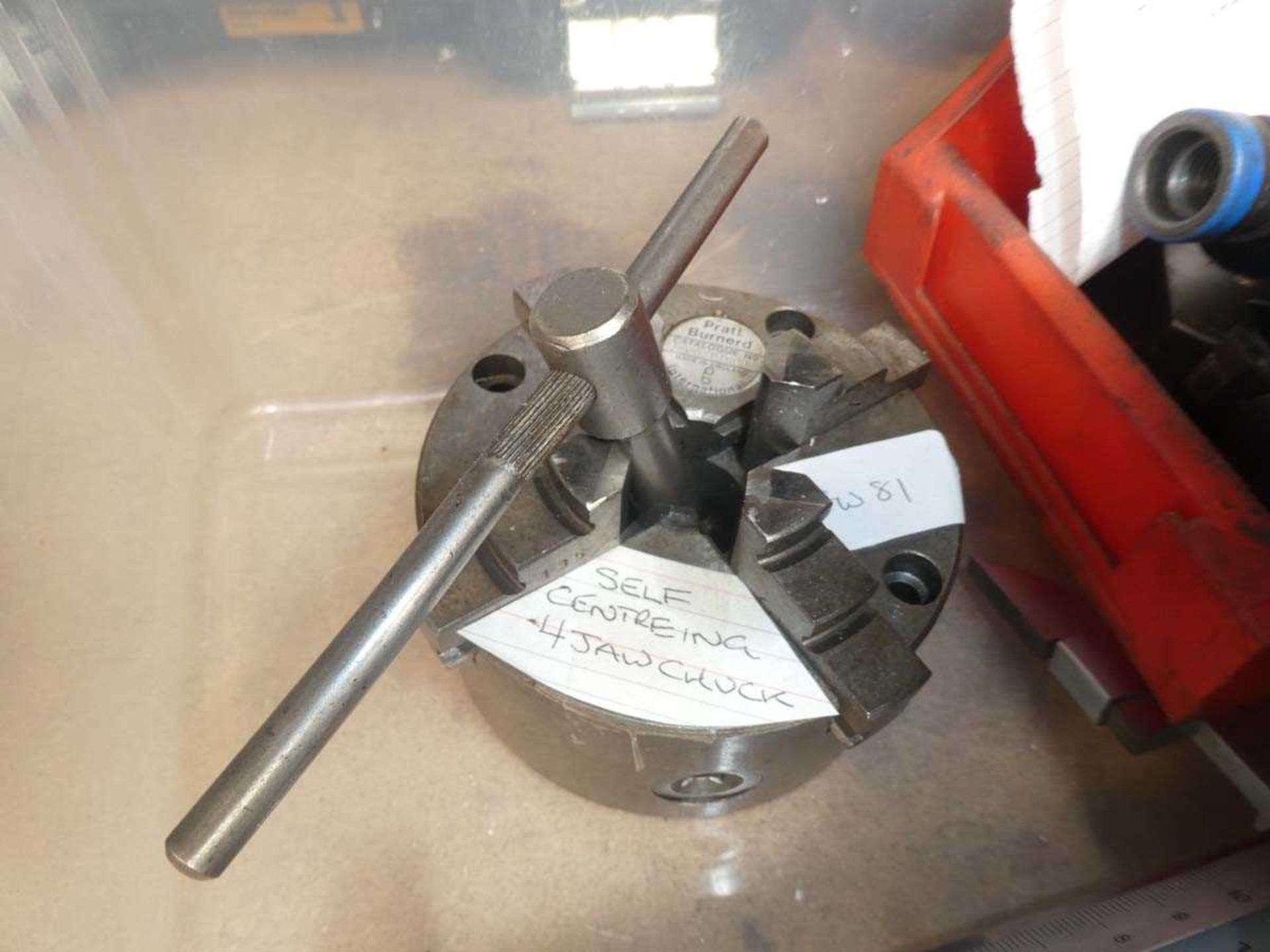 Box containing Vernier height gauge, self centring four drawer chuck, milling cutters, toolmakers - Image 4 of 5