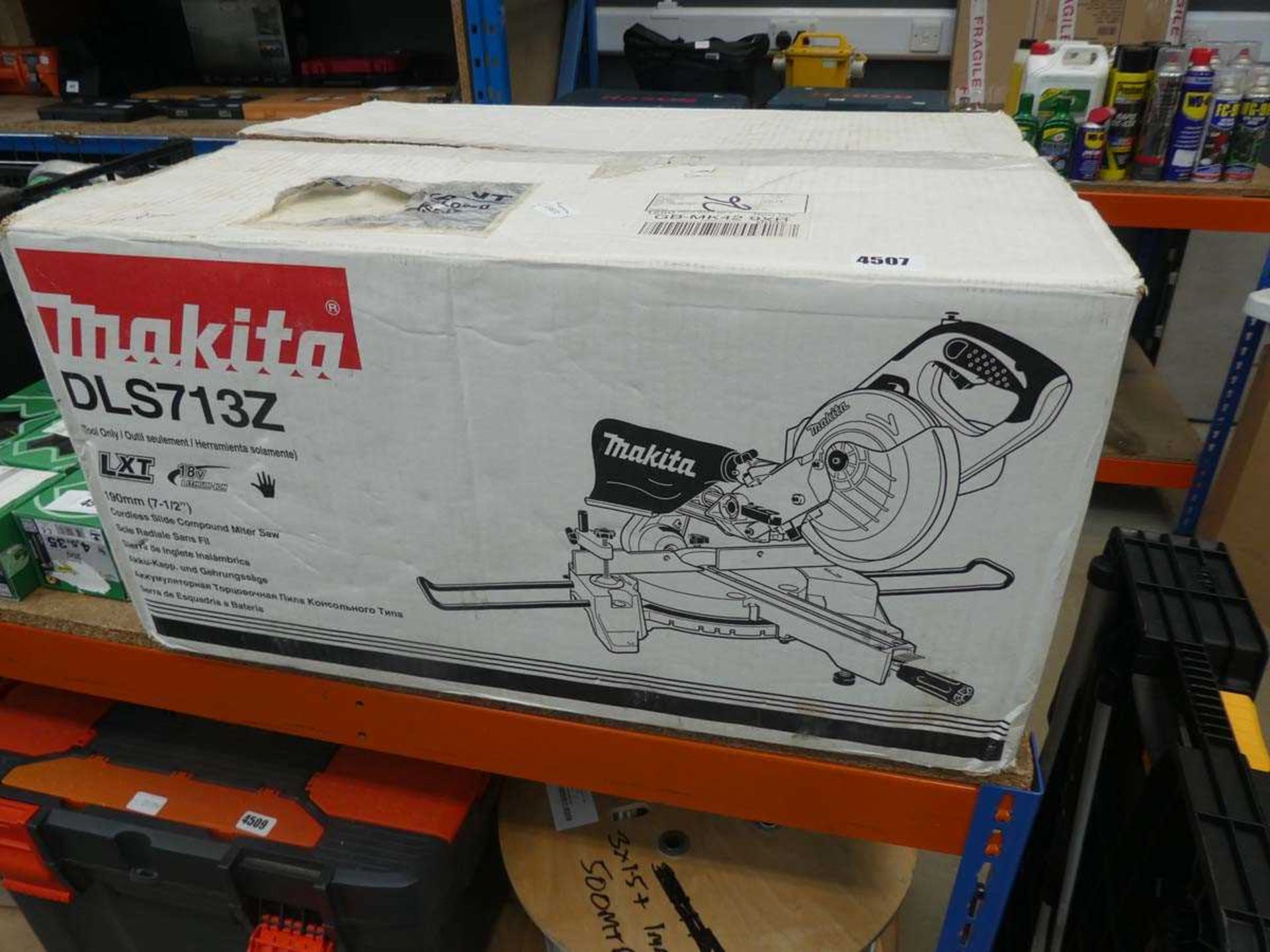 Boxed Makita DLS 713Z battery powered chop saw, no battery or charger