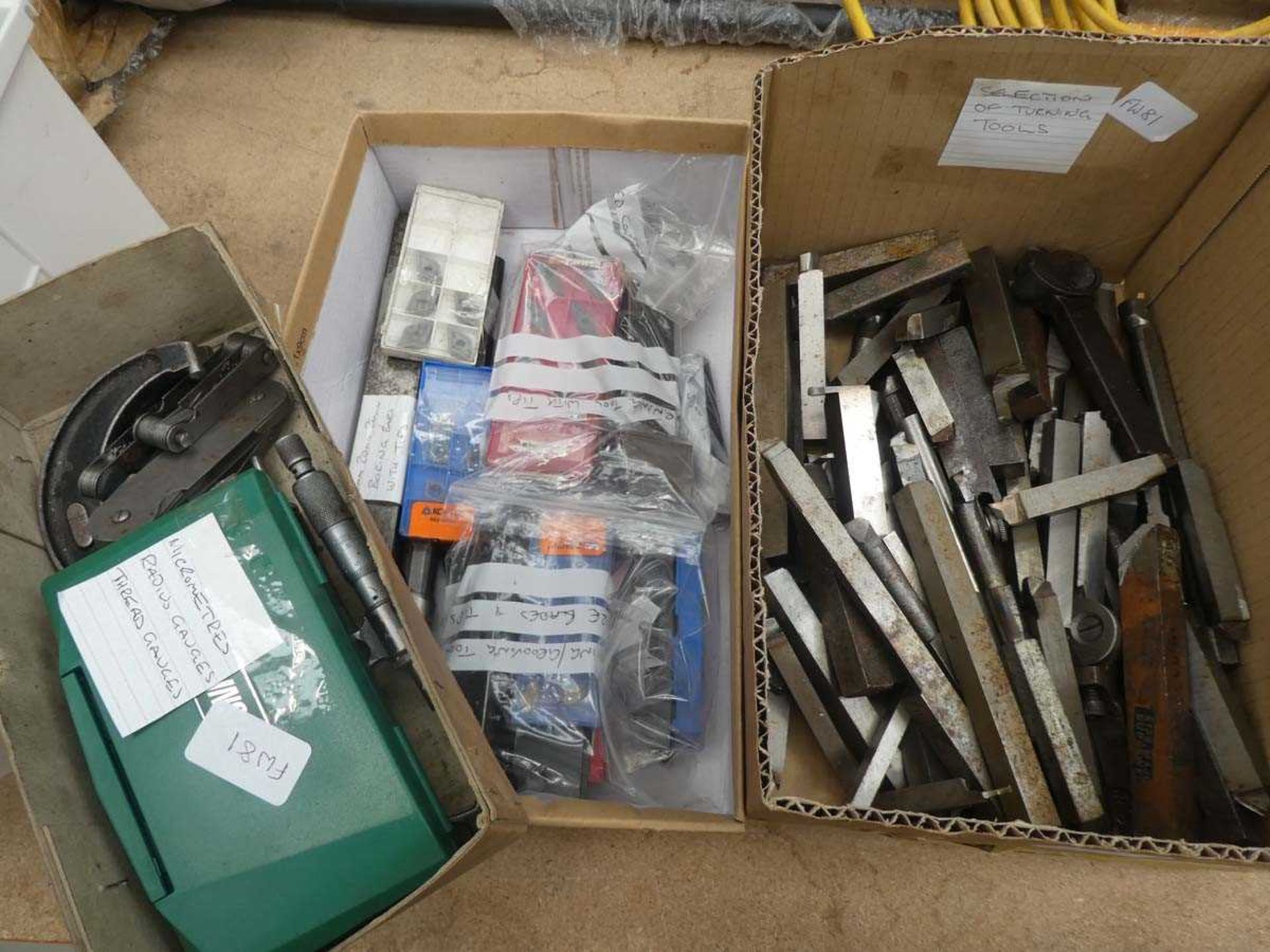 3 boxes containing micrometers, thread gauge, boring bars, ring tool tips and turning tools