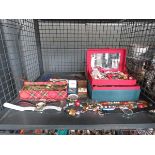 Cage containing costume jewellery, chess pieces, loose cutlery and cufflinks