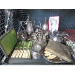 Cage containing loose and boxed cutlery, silver plate inc. tea service, serving spoons, and