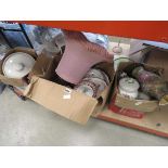 3 boxes containing table lamp and shade, kitchen storage vessels, glassware and china