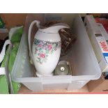 Box containing Denby crockery, washstand jug, glassware and crockery