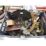 Box containing a vintage tin plus metal ware to include candlesticks, serving tray, brushes, toast