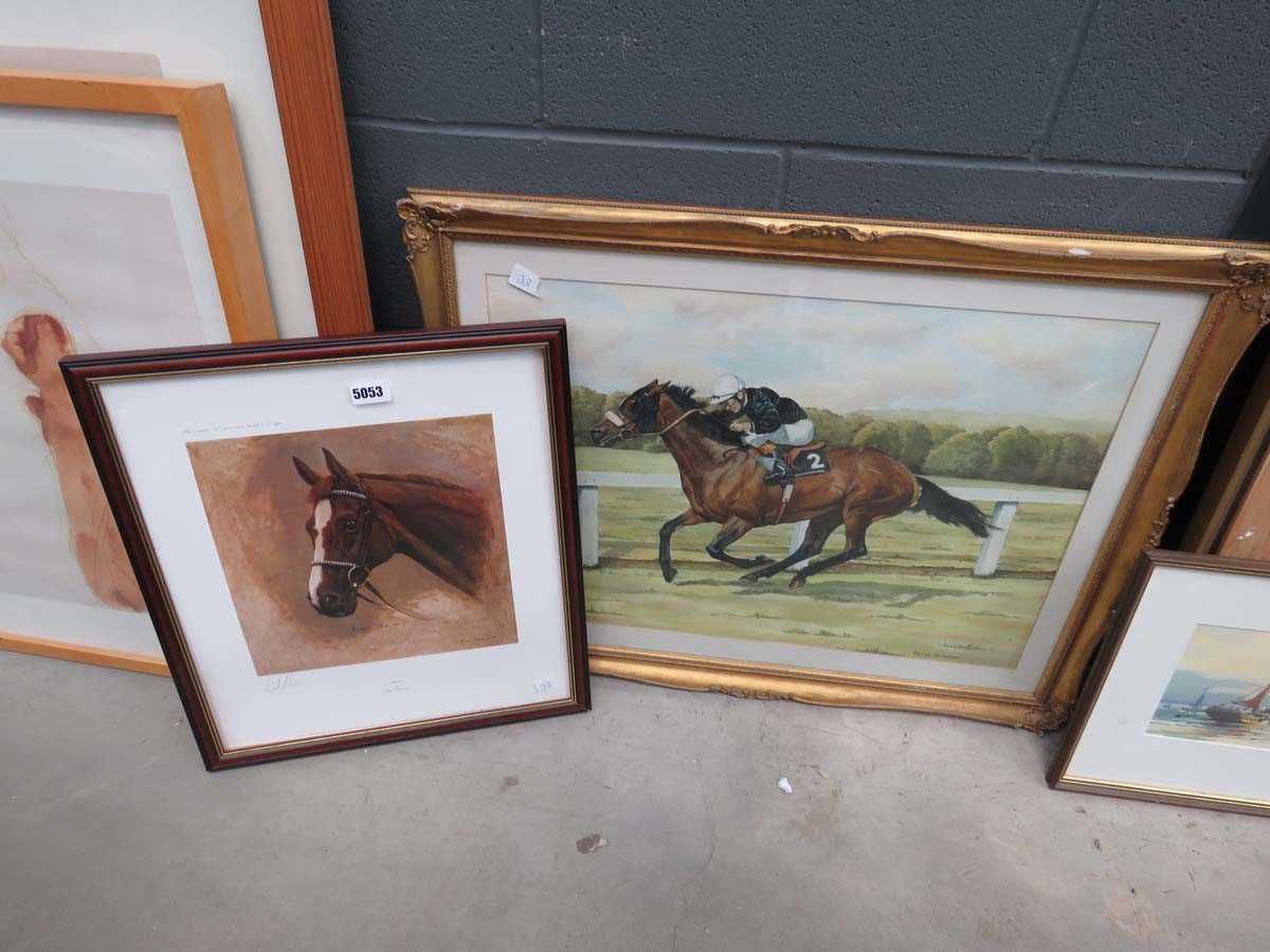 Watercolour - horse and jockey, plus a print of a race horse entitled 'Aldaniti'