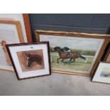 Watercolour - horse and jockey, plus a print of a race horse entitled 'Aldaniti'