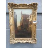 Oil on canvas - cityscape with figures in gilt frame