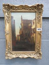 Oil on canvas - cityscape with figures in gilt frame