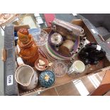 Fryer shaped decanter, hotel plate, lidded honey pots, ginger jar, glassware and general crockery