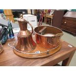 Oak serving tray, copper kettle plus pot and a pot