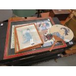 Japanese embroidery, fan and 2 prints of geisha girls