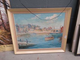 Oil on canvas - harbour with boats