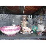 Cage containing Oriental and other china plus an oil lamp, decanter and vases