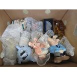 Box containing Wade piggy banks plus whisky barrel, novelty teapot, ornamental amber glass car and