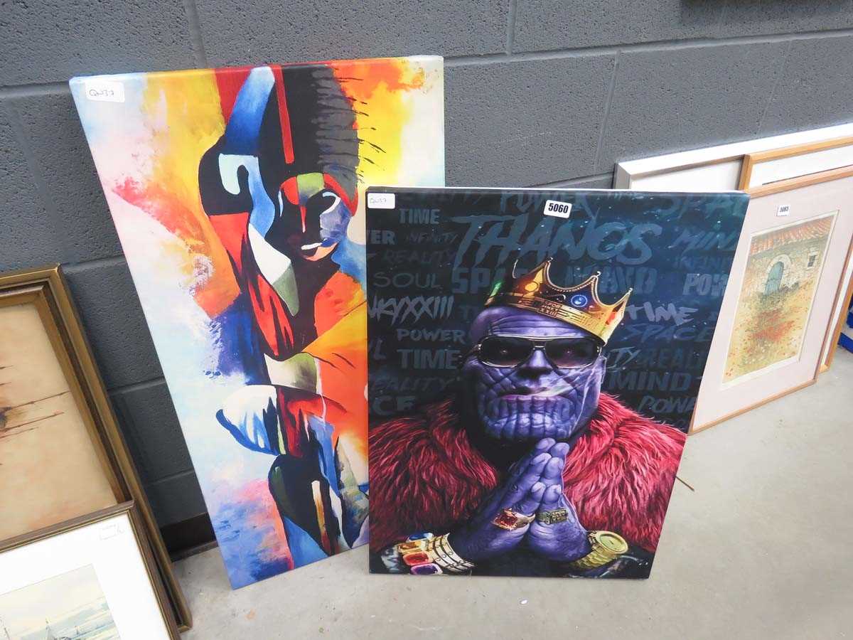 2 x modern wall hangings - abstract figure plus a Marvel figure entitled Thanos