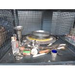 Cage containing galleried serving trays, scent bottle, loose cutlery, opera glasses, and silver