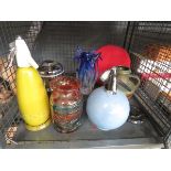Cage containing soda siphon, ice bucket, glass vase and a pottery jug