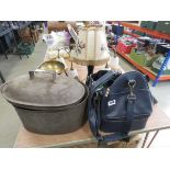 Set of kitchen scales, weights, cooking vessel, mincers, lawn bowls and a table lamp
