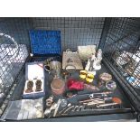 Cage containing bobbins, cased cutlery set, buttons, silver plate etc.