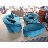 2 blue velvet kidney shaped sofas plus a matching footstool