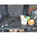 Cage containing marmalade pots, candlesticks, snuff box, button and floral plate