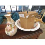 Floral patterned wash stand bowl, 2 pairs of vases and 2 busts