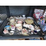 Cage containing cups and saucers, ornamental posies, silver plate, a Royal Worcester bowl and