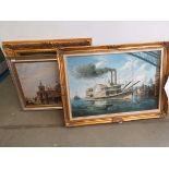 3 modern oils - Paddle steamer, shipping in the harbour plus still life with fruit and wine bottles