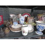 Cage containing weights, jug, floral-patterned crockery, china and a lustre