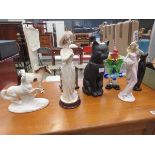 Carnival glass clown, lady and animal figures plus quartz mantle clock