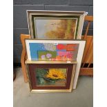Oil on board of a sunflower, an abstract print, plus a modern oil on canvas of a lake with cottage