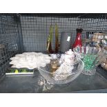 Cage containing brass weights and glass ornaments, marbles, wall plaque etc.