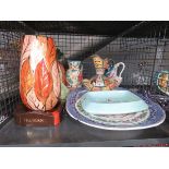 Cage containing blue and white meat platter, quartz clock, Johnny Walker ash tray, pineapple ice