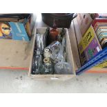 Box containing a quantity of glassware, bottles, glasses and a decanter