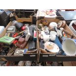 2 boxes containing a plant pot, flat iron, coasters, toby jug, loose cutlery, tins etc