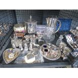 Cage containing biscuit barrel, etched glass jug, and silver plate to inc. salt/pepper sets, tray,