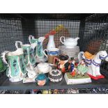 Cage containing a Staffordshire figure, jasperware, graduated set of jugs, Royal Doulton Candice
