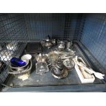 Cage containing silver plate to inc. salts, loose cutlery, ornamental pheasant, jugs, dishes,