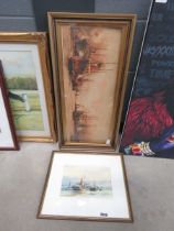 Print after Charles Dixon entitled "The lower pool" (as found) and a modern watercolour of a shore