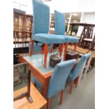 Beech dining table with glazed insert plus 6 x blue fabric chairs