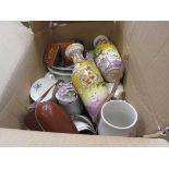 Box containing floral patterned vases, a tea caddy, camera, crockery and china