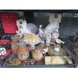 Cage containing brass cribbage board, buckles, Staffordshire dogs, ornaments and a part tea service