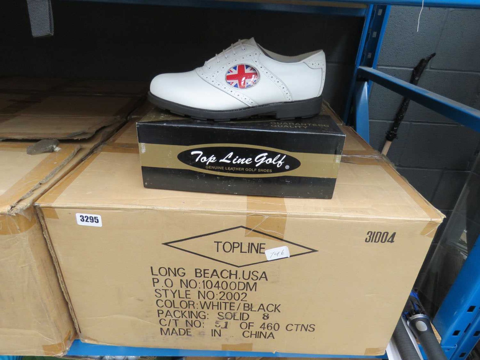 2 boxes containing large quantity of Genuine Leather Topline golf shoes