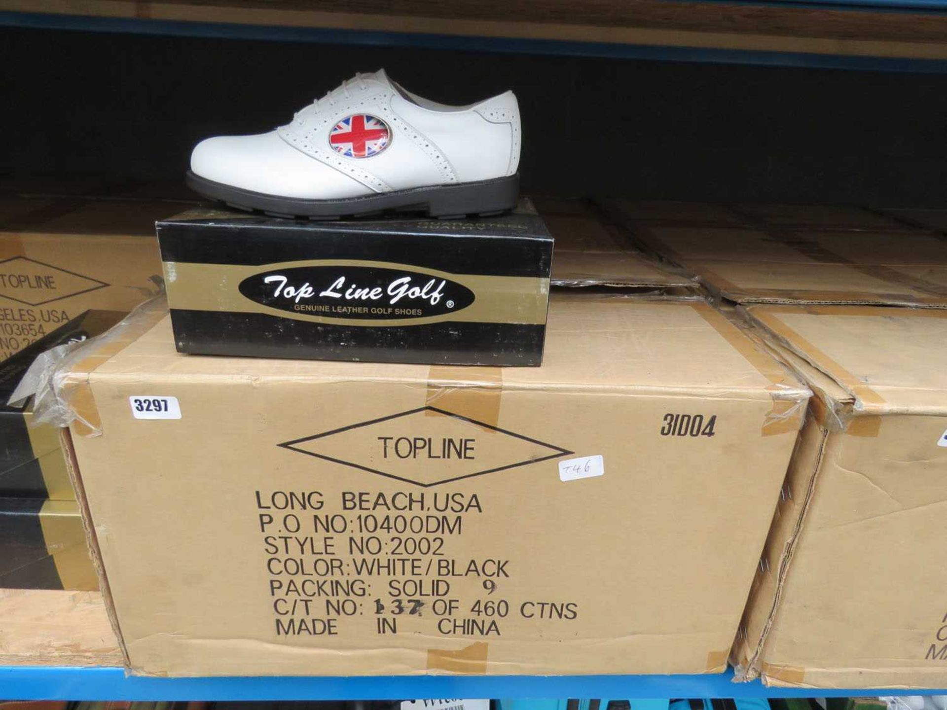 2 boxes containing large quantity of Genuine Leather Topline golf shoes