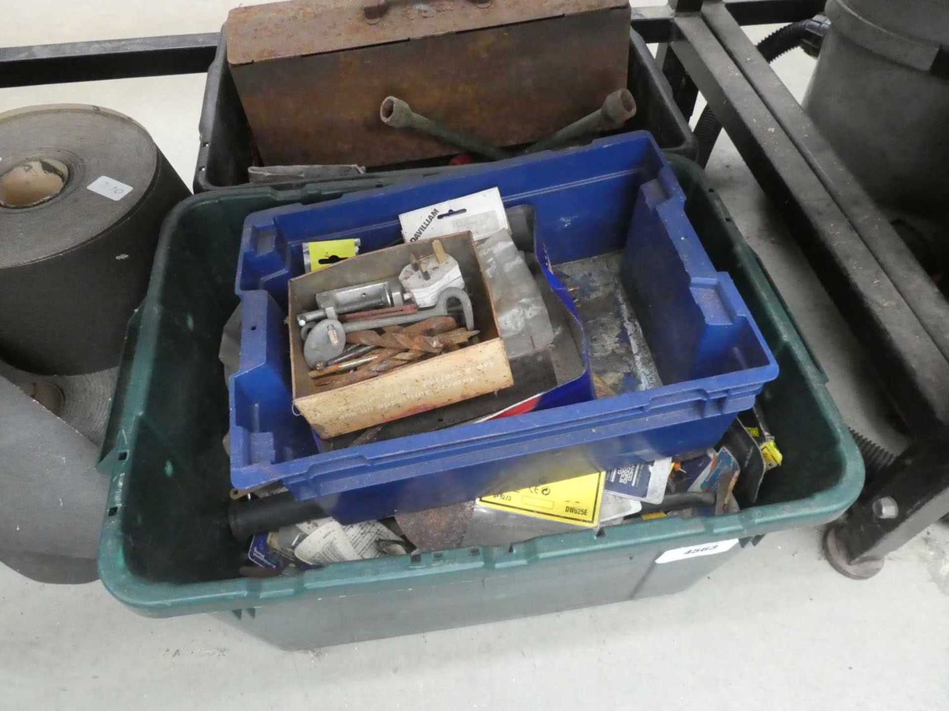 2 plastic boxes and metal toolbox of various blades, chisels, clamps, etc.