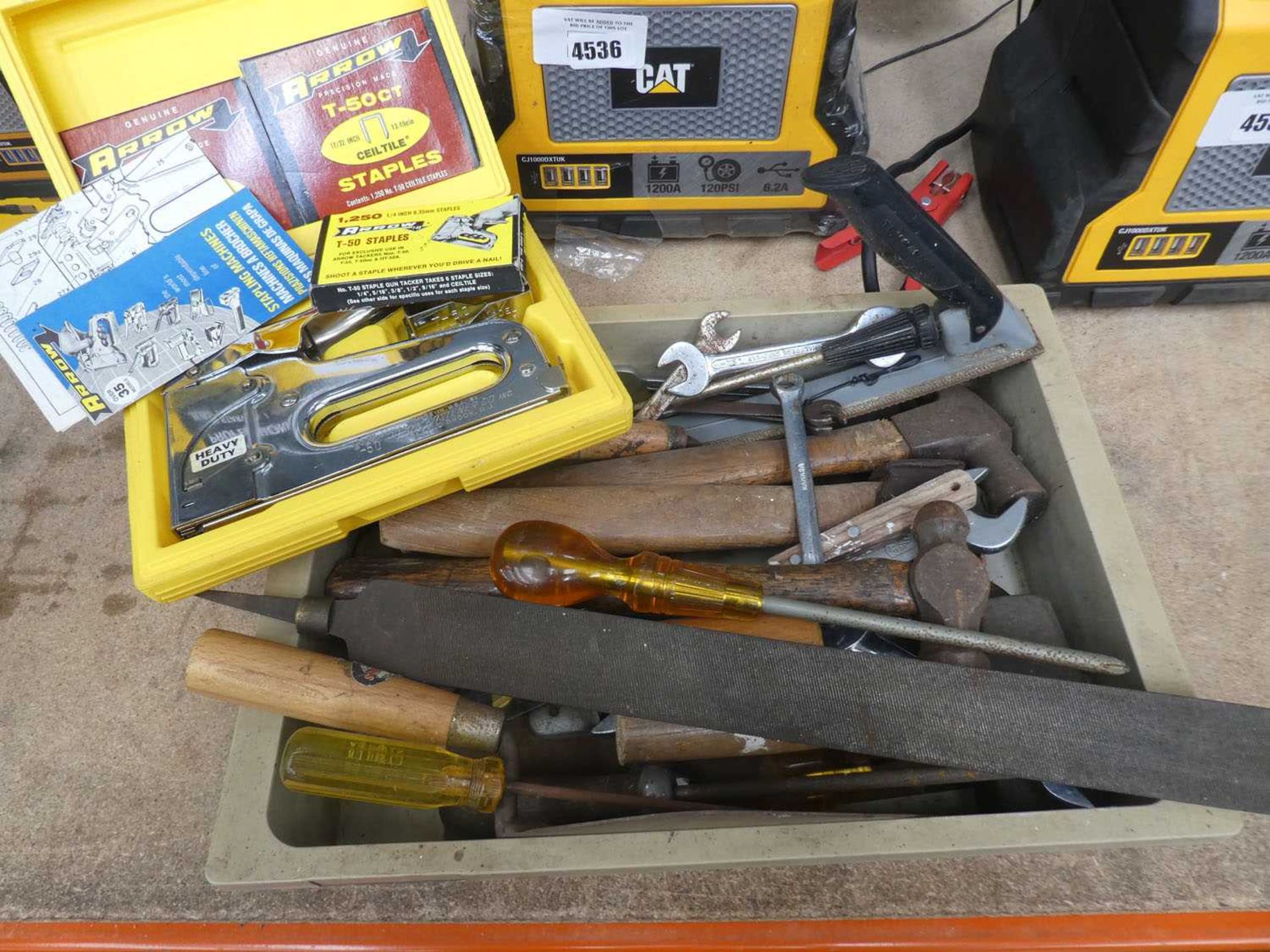 Small drawer containing hammers, spanners, screwdrivers, staple gun, files etc